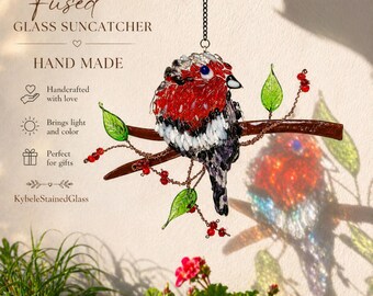 Handmade Fused Glass Bird Suncatcher, Nature Inspired Window Hanging Decor