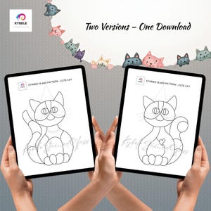 May include: Two tablets displaying a stained glass pattern of a cute cat. The text "Two Versions - One Download" is above the tablets. The cat design is black and white, with a heart and a collar. The Kybele logo is in the upper left corner.