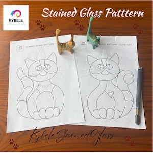 Cat Stained Glass Pattern: Heart & Necklace Designs (Digital Download PDF A4 Size)