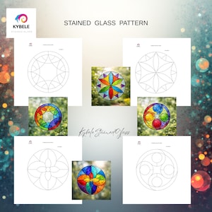 Peut inclure: Un collage présentant des motifs de vitraux et des pièces finies. L'image comprend des dessins au trait de motifs circulaires et des exemples des produits finis aux couleurs vives. Le texte indique "STAINED GLASS PATTERN" et "Kybele Stained Glass".
