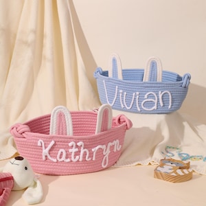 Personalisierter Babykorb, Osterkorb mit gesticktem Namen, Babypartygeschenkkorb, Seilbaumwollkorb mit Schlappohren, Aufbewahrung zu Hause