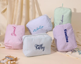 Personalisierte Seersucker Kosmetiktasche: Bestickte Make-up Reisetasche