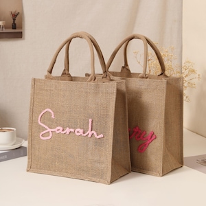 Personalized Embroidered Linen Gift Bag, Custom Name Burlap Gift Bag, Bridesmaid Favor, Bachelorette Party Favors, Tote Bags