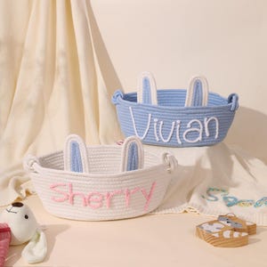 Personalisierter Babykorb, Osterkorb mit gesticktem Namen, Babyparty-Geschenkkorb, Seil-Baumwollkorb mit Schlappohren, Neugeborenen Geschenk