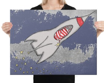 Space and Rocket Ship Large Canvas Artwork For Boy's Room or Baby's Nursery. 18x24 inches. Navy and Red. Science Themed Art for Kids