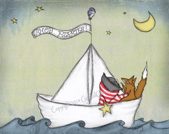 Art Print, Boy Nursery Art, Pirate, Nautical, Boy, Fox, and Paper Boat 8 x 10 inch art print