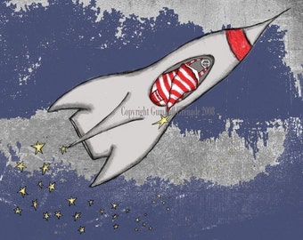 Space Art Print Rocket Themed Nursery Art Print Boy Nursery Playroom Art Navy and Red Wall Decor Space Rocket and Stars