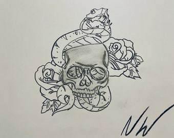 Framed & Signed Skull and Snake Floral Raw Charcoal Sketch