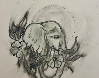 Framed & Signed Floral Elephant Raw Charcoal Sketch