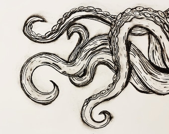 Framed & Signed Octopus Tentacles Raw Charcoal Sketch