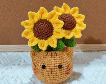 Häkelanleitung für einen Sonnenblumen-Katzen-Topf (PDF), niedliche Blumen-Tier-Töpfe (Amigurumi), gehäkelte Schreibtischdekoration, süße Häkelanleitung
