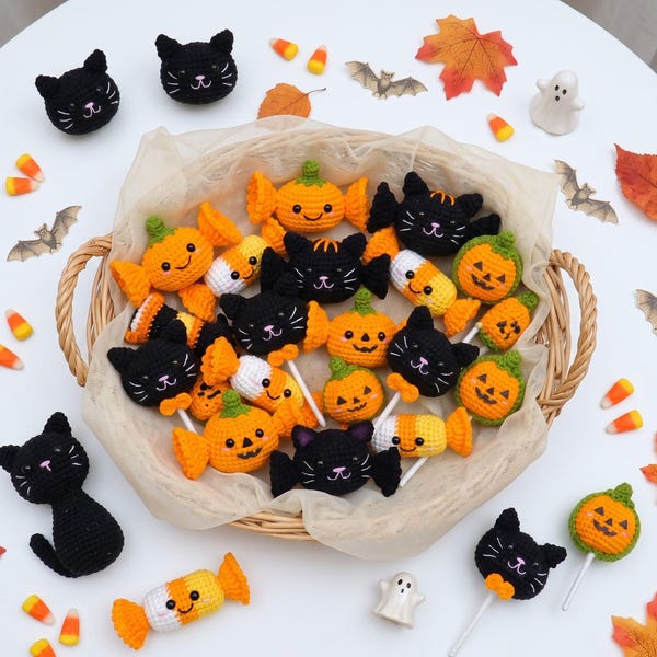 Haakpatroon voor een set Halloween-snoepjes (PDF) - Stap voor stap schattige griezelige snoepjes voor Halloween, trick-or-treat, amigurumi haakhandleiding voor griezelige snoepjes