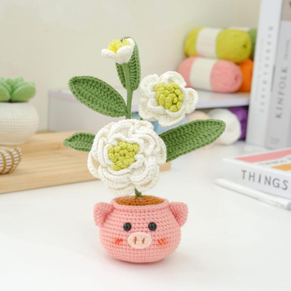 かわいい花のブタの植木鉢の編み図（PDF）、カメリアのブタの植木鉢の