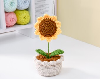 ぞうとひまわりの鉢植え あみぐるみ 簡単なかぎ針編みのひまわり鉢のPDFパターン、初心者向けのあみぐるみ