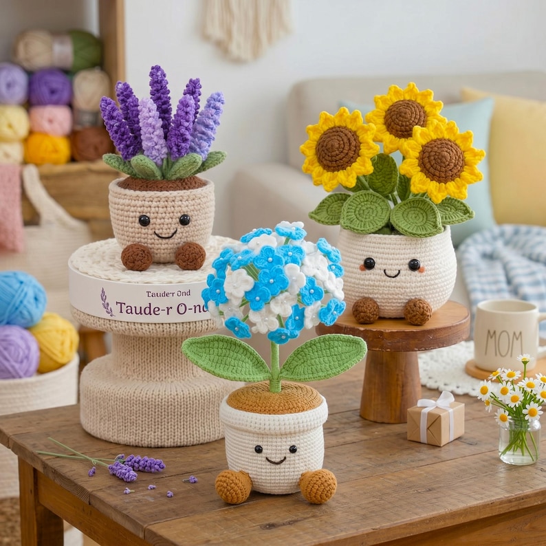 May include: Three crocheted potted plants with smiling faces. One features purple lavender, one has yellow sunflowers, and one displays blue and white hydrangea flowers. Each plant sits in a beige crocheted pot with small brown feet.