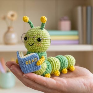 Patrón de ganchillo en PDF de oruga estudiosa: ideal para principiantes. Regalo perfecto para profesores y alumnos. Amigurumi para la vuelta al cole.