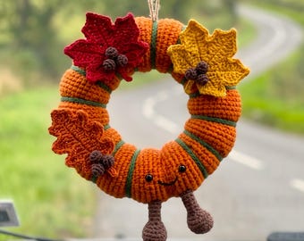 Patrón PDF de corona de calabaza con diseño de gato de gelatina - Acogedor adorno colgante para coche, ideal para principiantes - Decoración otoñal de ganchillo fácil, amigurumi - Estilo calabaza