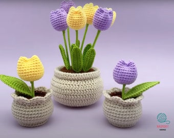 AMIGURUMI: Patrón de ganchillo para maceta de tulipanes pequeños / Patrón de ganchillo para ramo de flores DIY / Patrón de ganchillo en PDF en inglés