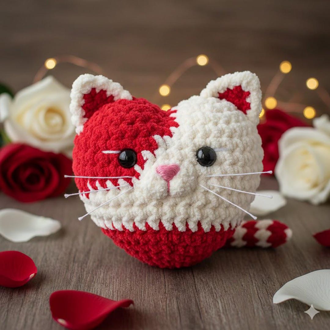 Crochet Heart Cat PDF Pattern - Low Sew Cat Plushie With Heart - Cute ...