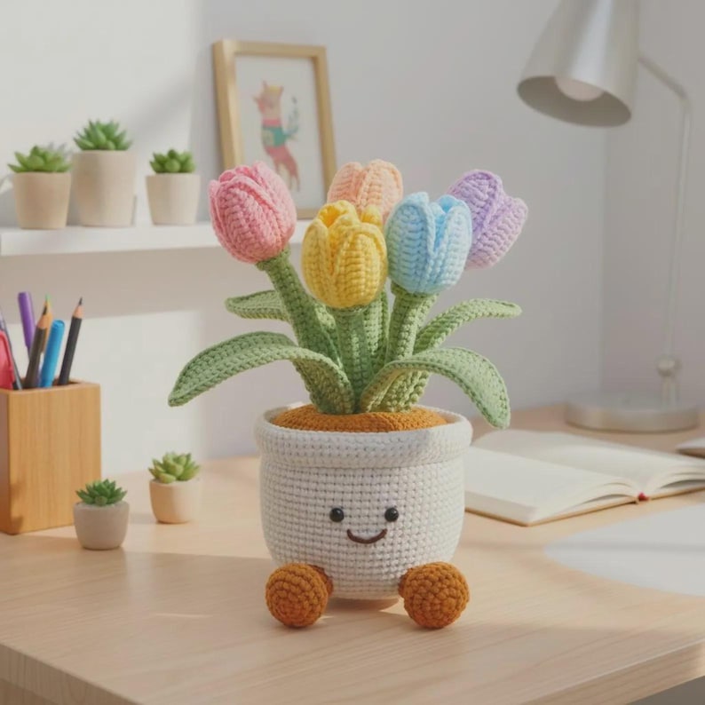 May include: A crochet tulip bouquet in a white, round, textured pot with a smiling face and two small brown feet. The flowers are in shades of pink, yellow, light blue, and lavender, featuring green stems and leaves. The pot has a brown top.