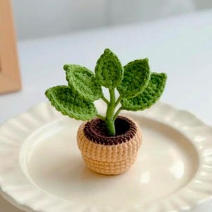 Op de afbeelding: Een kleine, handgemaakte gehaakte plant met vijf levendige groene bladeren aan een centrale stengel. De plant staat in een ronde, getextureerde pot met een lichtbeige basis en een donkerbruine rand, voorzien van gedetailleerd garenstikwerk.