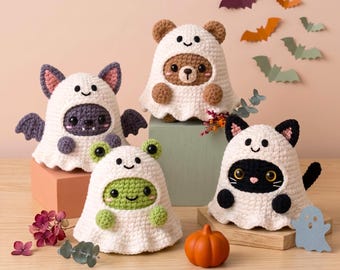 4in1 Halloween Ghost Crochet PDF Pattern - Easy Crochet Animal Ghosts Amigurumi Tutorial: Bat, Black Cat, Bear, Frog - Cute Spooky Crochet