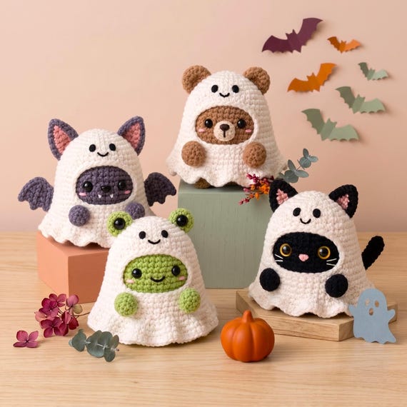 4in1 Halloween Ghost Crochet PDF Pattern - Easy Crochet Animal Ghosts Amigurumi Tutorial: Bat, Black Cat, Bear, Frog - Cute Spooky Crochet