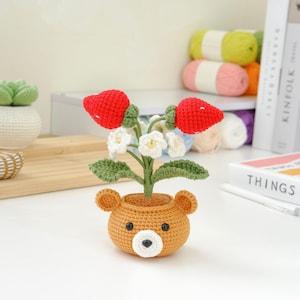 Cute Crochet Strawberry Bear Pot PDF Pattern, How to Crochet Plant Animal Pot Amigurumi, Easy Crochet Cute Flower Pot Desk Decoration
