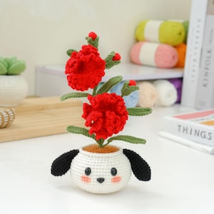 Pot de fleurs d&#39;oeillets pour chiots, patron PDF au crochet, pots de fleurs pour animaux, décorations de bureau Amigurumi, tutoriel de pots de fleurs pour animaux mignons
