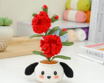 Carnation Flower Puppy Pot Crochet PDF Pattern, Flowers Animal Pots Amigurumi Desk Decorations, Cute Flower Animal Pots Tutorial