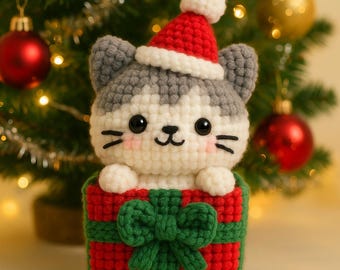 Cat in Christmas Gift Box Crochet PDF Pattern - Christmas Tree Decoration Crochet - Christmas Box Gift Crochet - Cute Christmas Cat Pattern