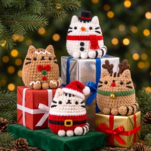 4i1 Julkatt Virkmönster i PDF-format - Bunt Söt Julkatt Dekoration Utan Sömnad - Söt Katt Ornament Träddekoration - Söt Katt Julvirkning