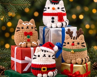 4in1 Christmas Cat Crochet PDF Pattern - Bundle Cute Xmas Cat No sew Decoration - Cute Cat Ornaments Tree Decor - Cute Cat Christmas Crochet