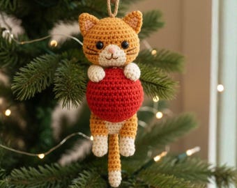 Cat with Christmas Ball Crochet Pattern - Cute Cat Christmas Ornament Amigurumi - Crochet Christmas Tree Decor - Xmas Cat for Boho Christmas