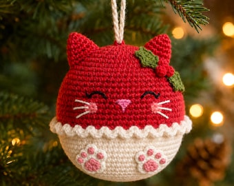 Cute Cat Christmas Ball Crochet PDF Pattern - Easy Crochet Cat Xmas Ornament Tree Decor - Cozy Christmas Bauble Amigurumi Crochet