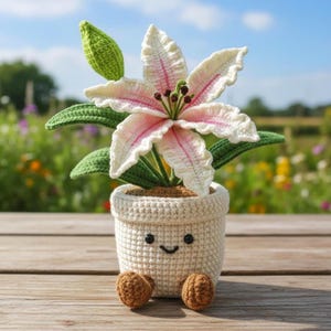 Peut inclure: Un lys crocheté dans un pot blanc avec un visage souriant et de petits pieds bruns. Le lys a des pétales blancs avec des accents roses et des feuilles vertes. Le pot est posé sur une surface en bois.