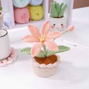 Puede incluir: Una flor de ganchillo hecha a mano en una maceta pequeña. La flor tiene pétalos de color melocotón y un centro amarillo, con hojas verdes. La maceta es beige con un borde festoneado. Otros artículos de ganchillo están en el fondo.