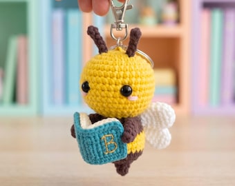 Learning Bee Keychain PDF Pattern - Easy Crochet Back to School Teacher and Student Gifts - Beginner Friendly Crochet Bookworm Bee Amigurumi