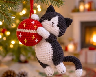 Naughty Cat Hug Xmas Ball Crochet PDF Pattern - Cute Ornaments Xmas Tree Decor Amigurumi - Cozy Crochet Christmas Hanging Tutorial