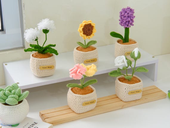 Easy Crochet Flower Pots PDF Pattern - Bundle 5in1  Flower Pots Crochet Amigurumi Tutorial: Sunflower, Rose, Lavender, Carnation, Dandelion