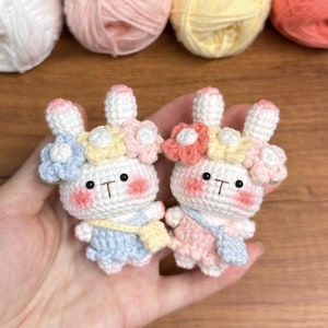 May include: Two crocheted bunny plushies with flower crowns and dresses. The bunny on the left is wearing a blue dress and a yellow sash. The bunny on the right is wearing a pink dress and a blue sash.