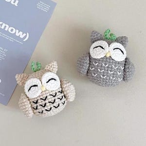 以下が含まれることがあります： 2つの手作りのかぎ針編みのフクロウの置物。1つは薄いベージュ、もう1つはグレーです。どちらも白い目、黒い眉、小さな緑の葉のアクセントがあります。フクロウは明るい色の表面にあります。