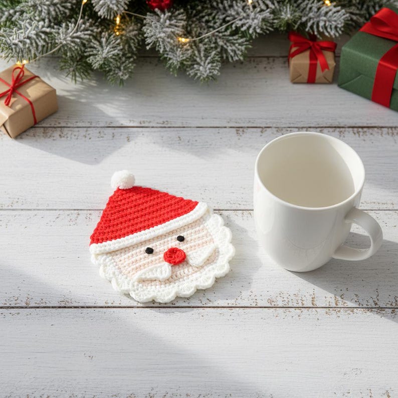 May include: A crocheted Santa Claus face coaster with a red hat, white beard, and a red nose sits next to a white ceramic mug. The coaster is on a white wooden surface, with small wrapped gifts and evergreen branches in the background.