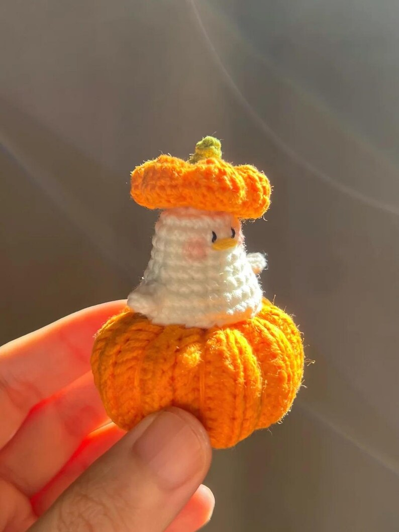 May include: A handmade crochet duck wearing a pumpkin hat. The duck is white with a peach-colored face and small black eyes. The pumpkin hat is orange with a green stem. The duck is sitting on an orange pumpkin base. The item is held in a hand.