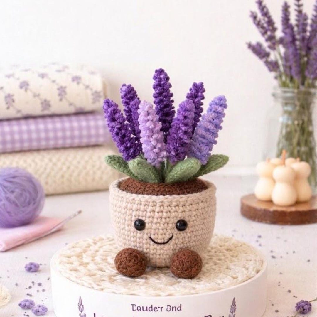 ふくろうmini鉢　モルタル雑貨　（お任せ植物付き）purple Cute Lavender Flower Pot Crochet - Easy Crochet Mothers Day Gift