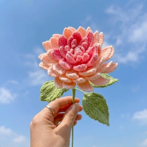 May include: A handcrafted crochet flower featuring layered petals in a gradient of soft peach to vibrant pink. The flower is attached to a thin green stem with two textured, serrated green leaves extending from the sides, showcasing intricate yarn work.