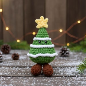 May include: A crocheted Christmas tree with a yellow star on top, green body, white accents, and brown feet. The tree has a smiling face and is set against a wooden background with decorative lights and pine cones.