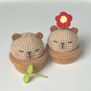 May include: Two crocheted bear-shaped ornaments in brown pots. The bears have closed eyes, pink cheeks, and brown ears. One has a red and yellow flower on its head, and the other has a green leaf. The ornaments are handmade.