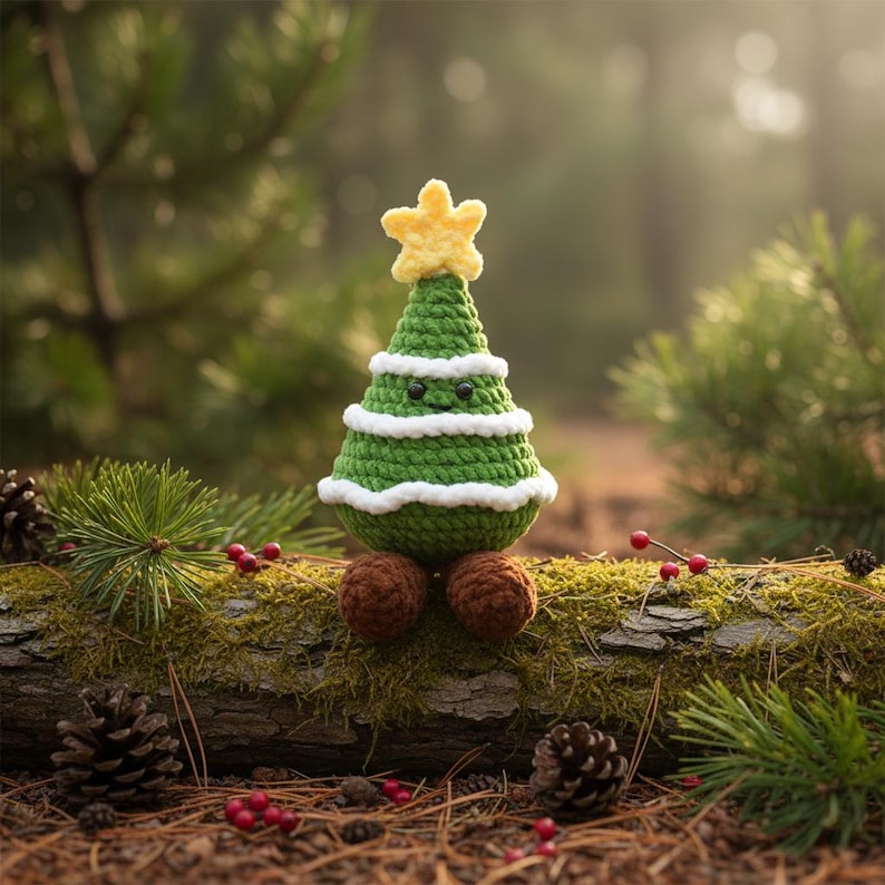May include: A crocheted Christmas tree with a yellow star on top. The green tree has white trim and brown feet. The tree is sitting on a moss-covered log in a forest setting.