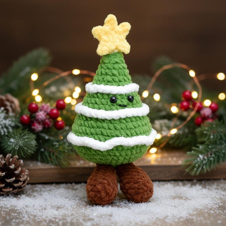 May include: A handmade crochet Christmas tree with a yellow star on top. The green tree has white trim and brown feet. The tree has a smiling face with black eyes. The background includes Christmas lights, pine needles, and red berries.